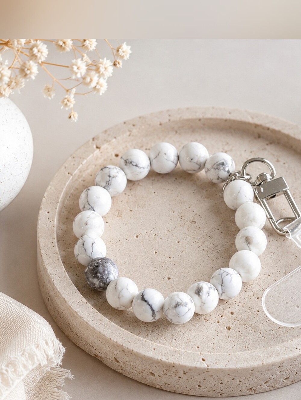 6.75" White Howlite Beaded Phone Wrist Lanyard Strap with Clear Phone Tab